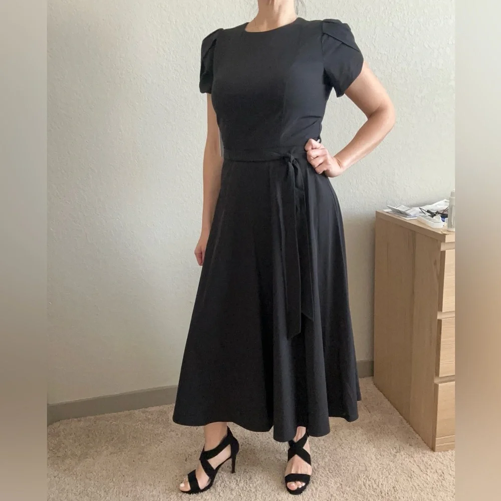 Calvin Klein Tulip Short Sleeve A-Line Midi Dress Black dress Business casual - Picture 1 of 14